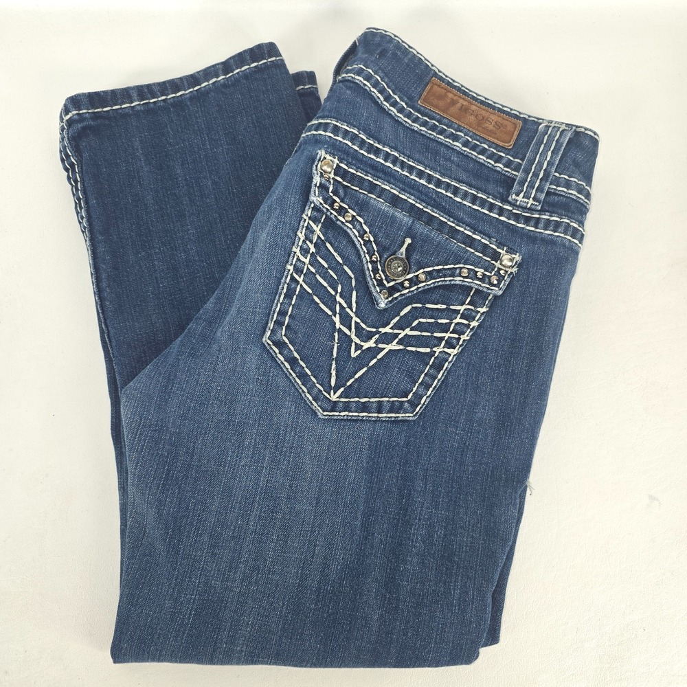 Vigoss Fit Capri Jeans Womens 9 Stretch Thick Stitch Whiskered Denim Embellished